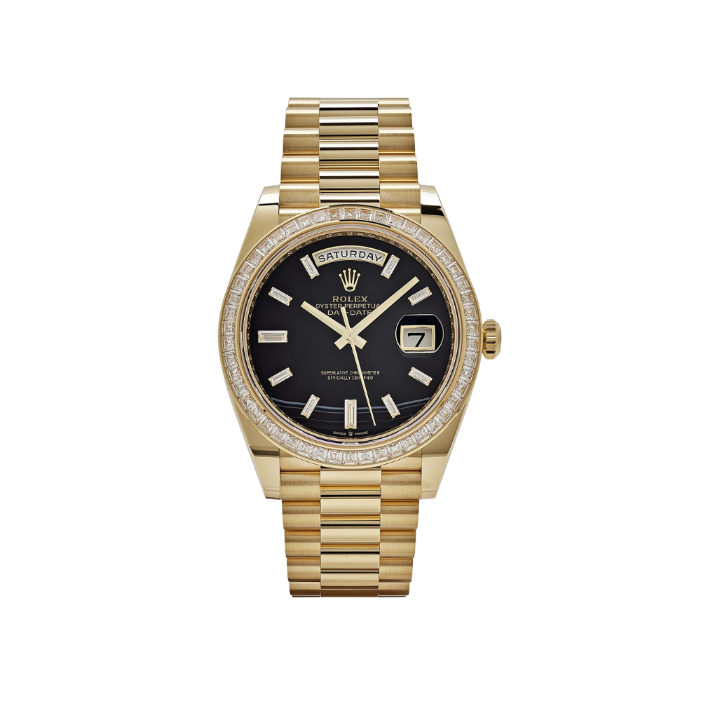Rolex Day-Date 40 228398TBR Yellow Gold Onyx Baguette Diamond Dial Baguette Bezel